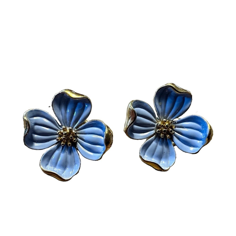Vintage Crown Trifari Blue Enamel Dogwood Flower Clip On Earrings 1960s